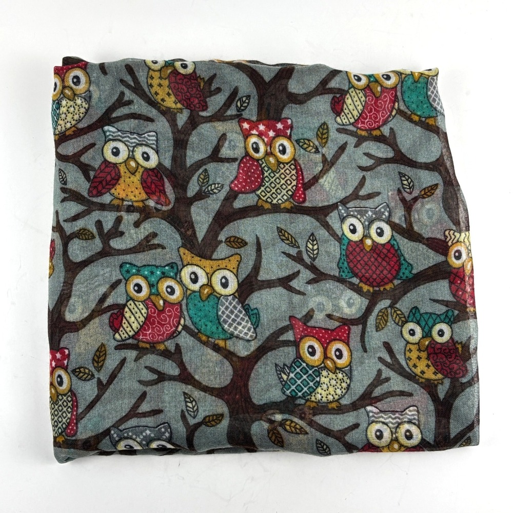 Owl Print Scarf Womens OS Blue Grey Viscose Whimsical Woodland Cottage Teacher